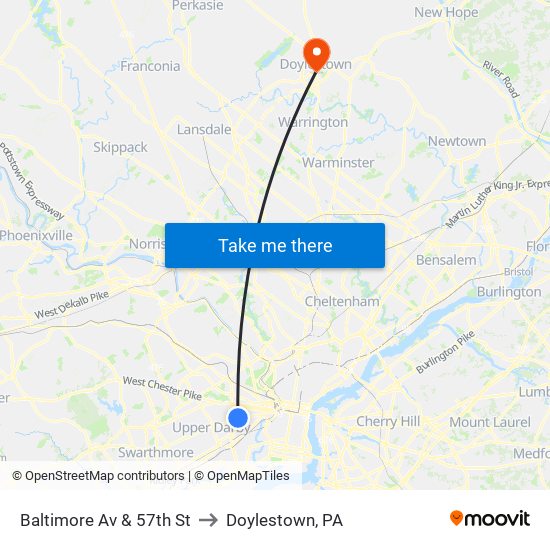 Baltimore Av & 57th St to Doylestown, PA map