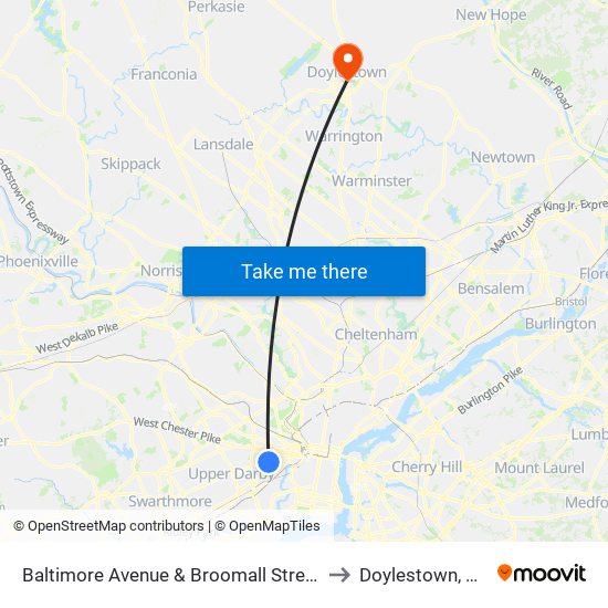 Baltimore Avenue & Broomall Street to Doylestown, PA map
