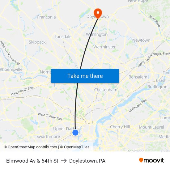 Elmwood Av & 64th St to Doylestown, PA map