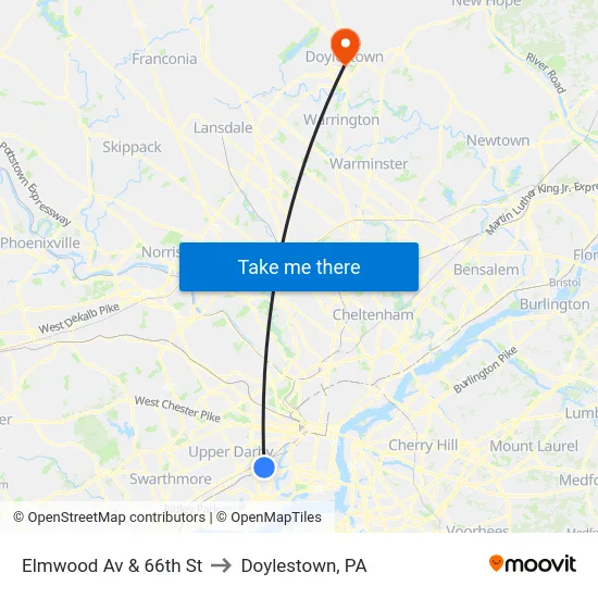 Elmwood Av & 66th St to Doylestown, PA map