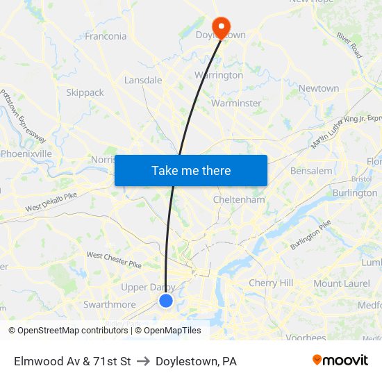 Elmwood Av & 71st St to Doylestown, PA map