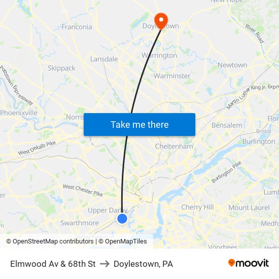 Elmwood Av & 68th St to Doylestown, PA map