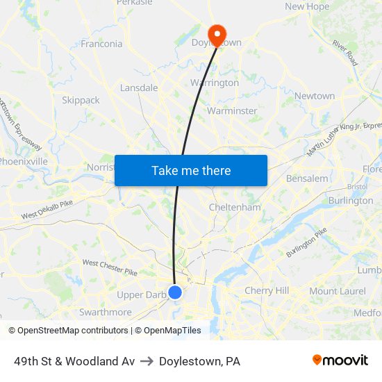 49th St & Woodland Av to Doylestown, PA map