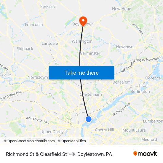 Richmond St & Clearfield St to Doylestown, PA map