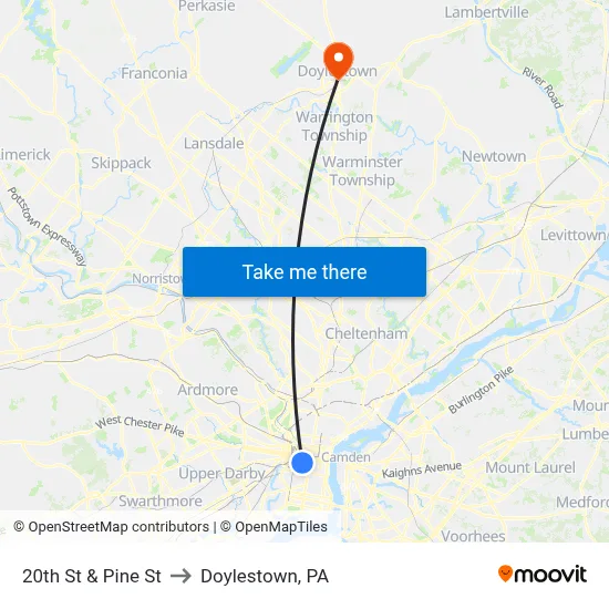 20th St & Pine St to Doylestown, PA map