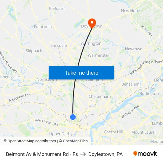 Belmont Av & Monument Rd - Fs to Doylestown, PA map