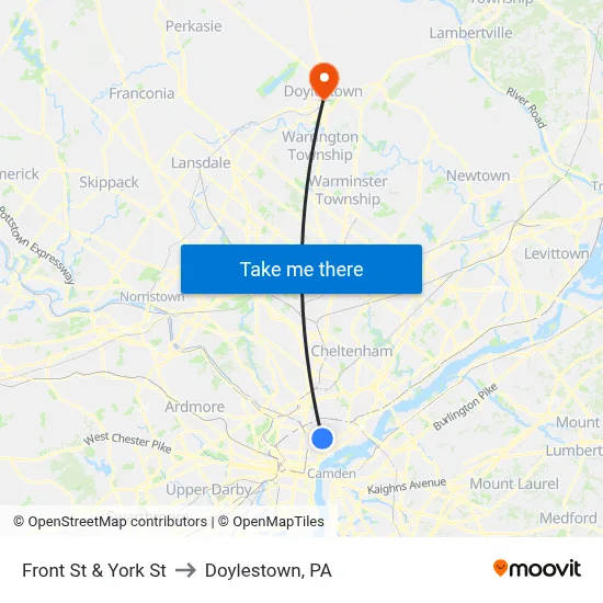 Front St & York St to Doylestown, PA map