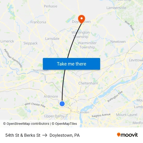 54th St & Berks St to Doylestown, PA map