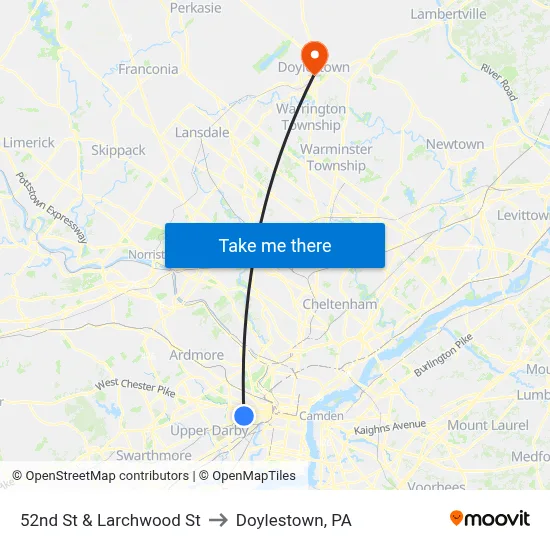 52nd St & Larchwood St to Doylestown, PA map