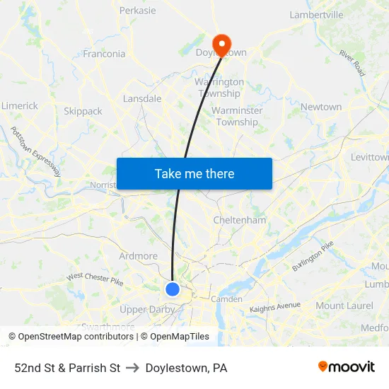 52nd St & Parrish St to Doylestown, PA map
