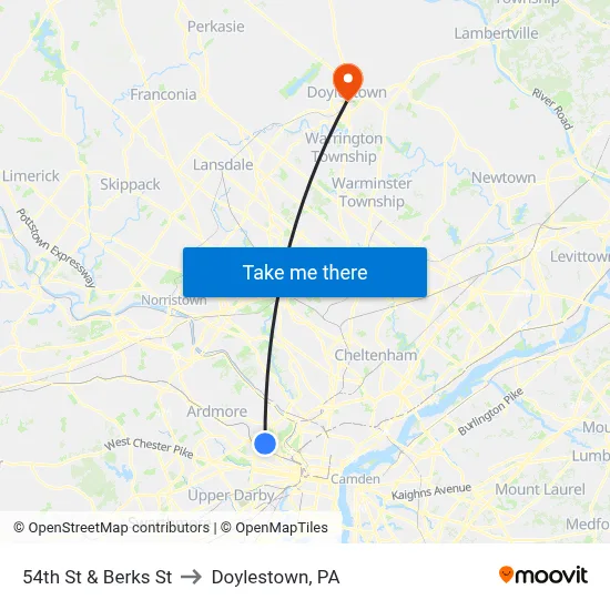 54th St & Berks St to Doylestown, PA map