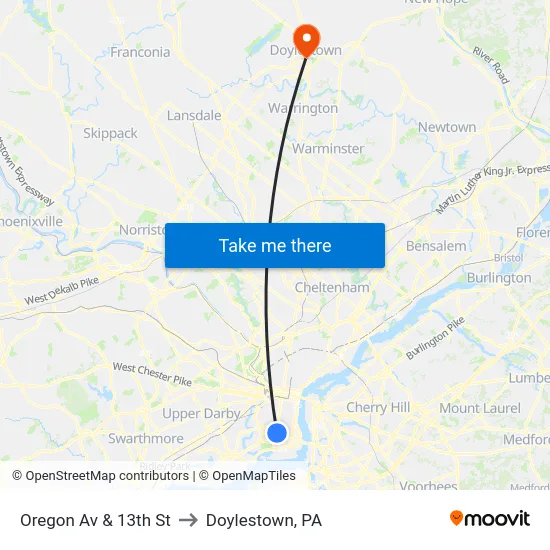 Oregon Av & 13th St to Doylestown, PA map
