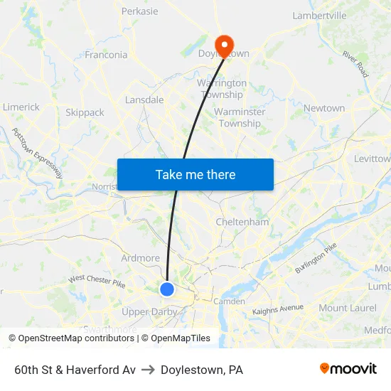 60th St & Haverford Av to Doylestown, PA map