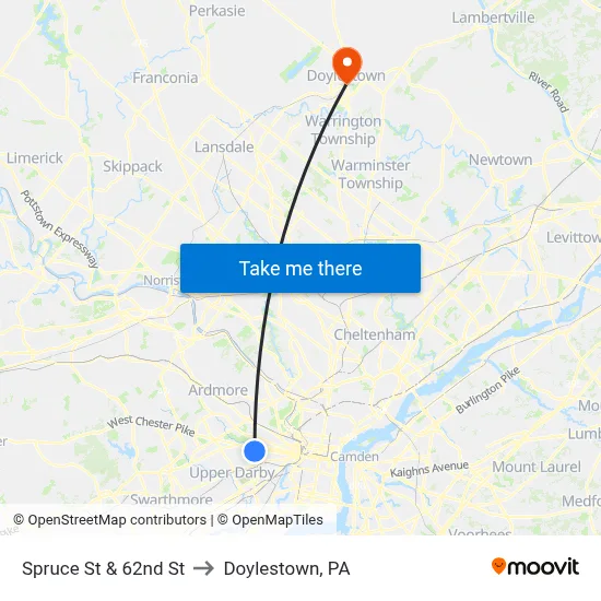 Spruce St & 62nd St to Doylestown, PA map