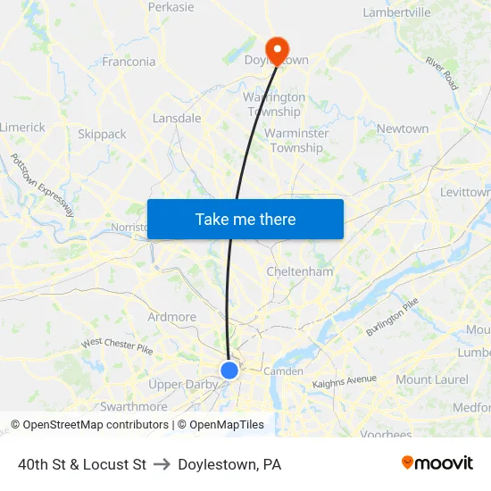 40th St & Locust St to Doylestown, PA map
