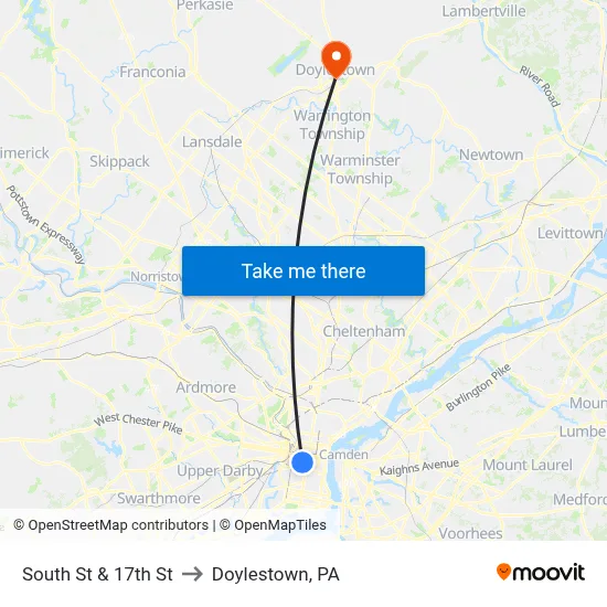 South St & 17th St to Doylestown, PA map