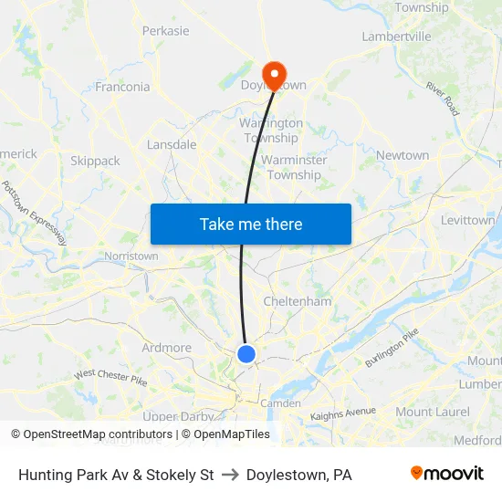Hunting Park Av & Stokely St to Doylestown, PA map