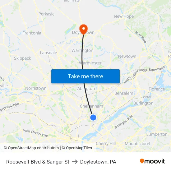 Roosevelt Blvd & Sanger St to Doylestown, PA map