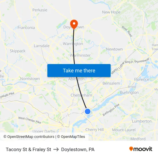 Tacony St & Fraley St to Doylestown, PA map
