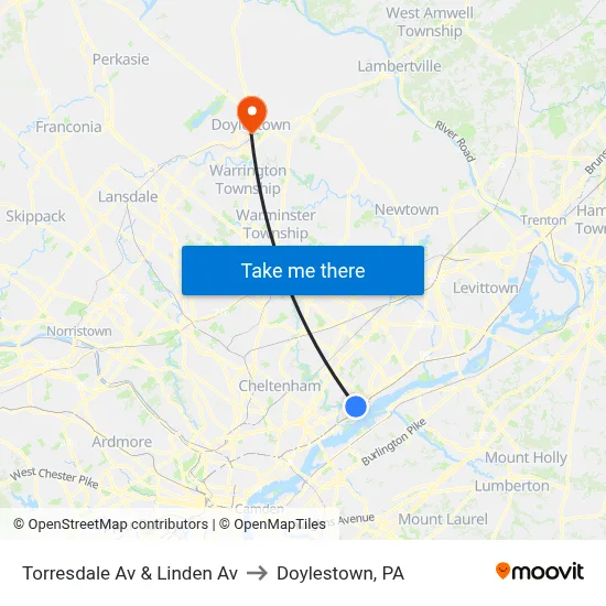 Torresdale Av & Linden Av to Doylestown, PA map