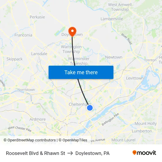 Roosevelt Blvd & Rhawn St to Doylestown, PA map