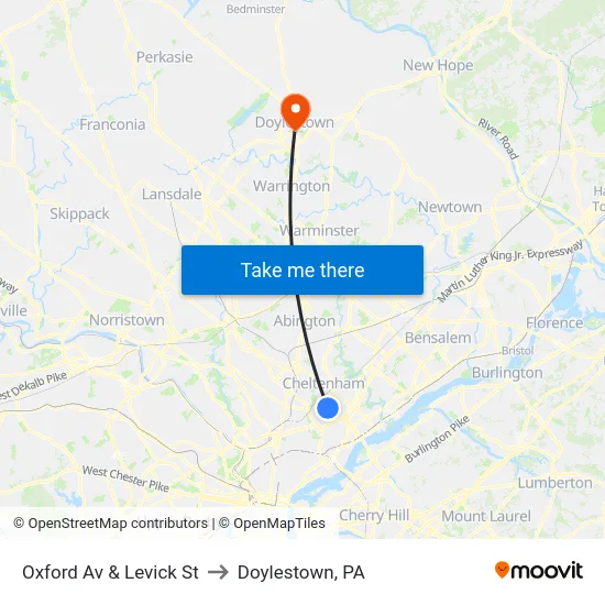 Oxford Av & Levick St to Doylestown, PA map