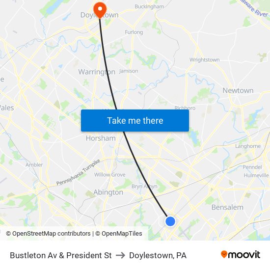 Bustleton Av & President St to Doylestown, PA map
