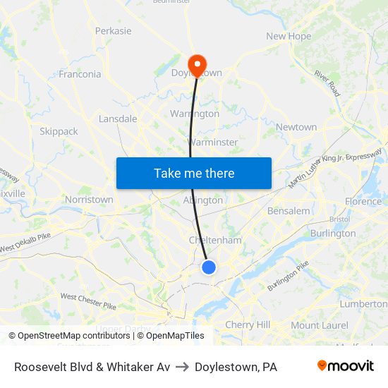 Roosevelt Blvd & Whitaker Av to Doylestown, PA map