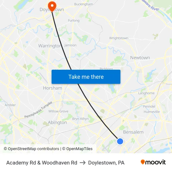 Academy Rd & Woodhaven Rd to Doylestown, PA map