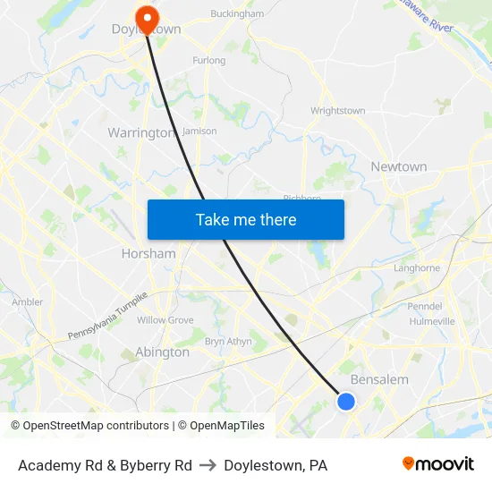 Academy Rd & Byberry Rd to Doylestown, PA map