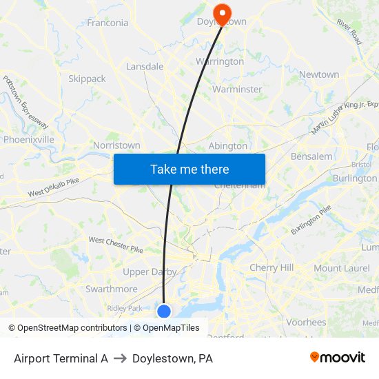 Airport Terminal A to Doylestown, PA map