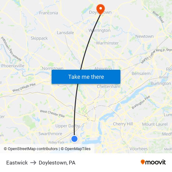 Eastwick to Doylestown, PA map