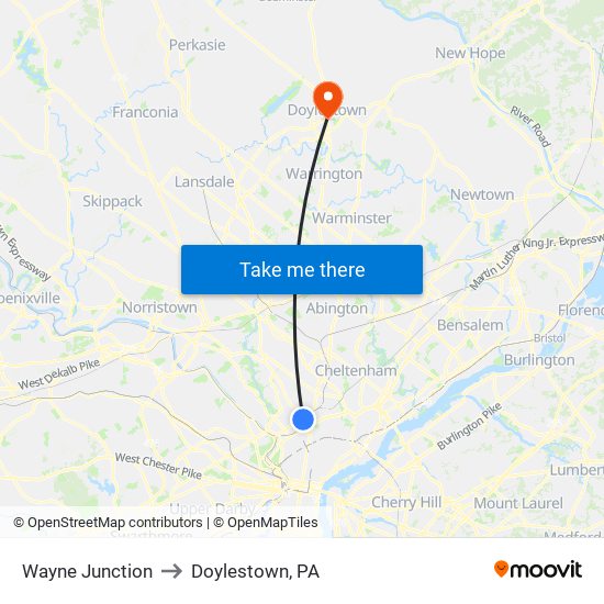 Wayne Junction to Doylestown, PA map