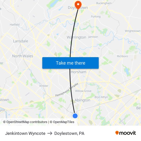 Jenkintown Wyncote to Doylestown, PA map