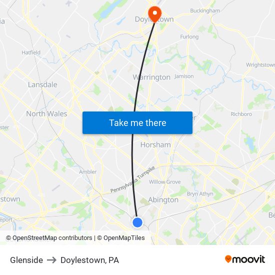 Glenside to Doylestown, PA map
