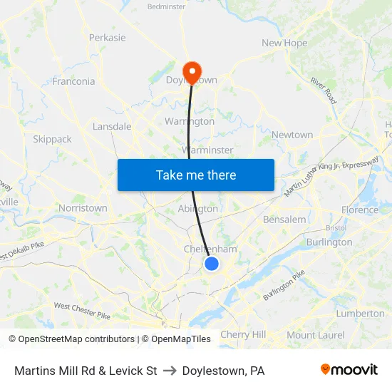 Martins Mill Rd & Levick St to Doylestown, PA map