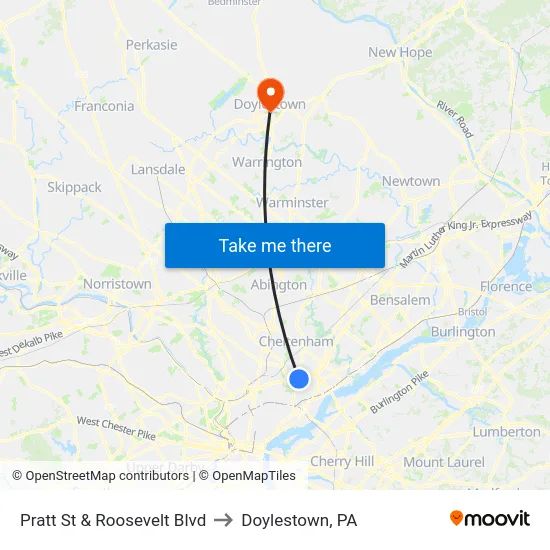 Pratt St & Roosevelt Blvd to Doylestown, PA map