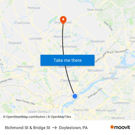 Richmond St & Bridge St to Doylestown, PA map