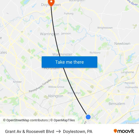 Grant Av & Roosevelt Blvd to Doylestown, PA map