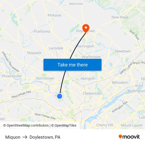 Miquon to Doylestown, PA map