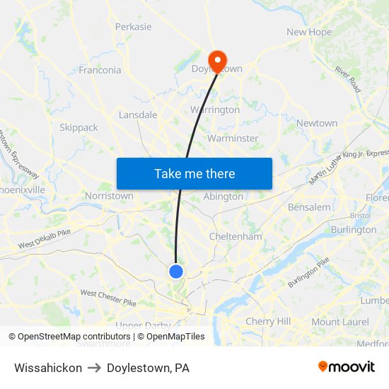 Wissahickon to Doylestown, PA map
