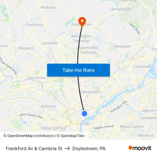 Frankford Av & Cambria St to Doylestown, PA map