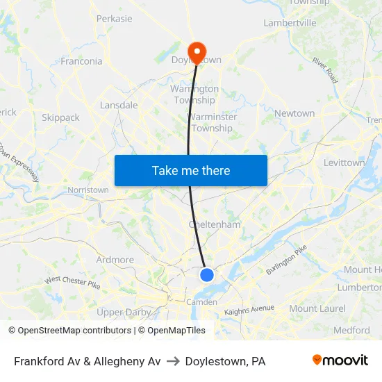 Frankford Av & Allegheny Av to Doylestown, PA map
