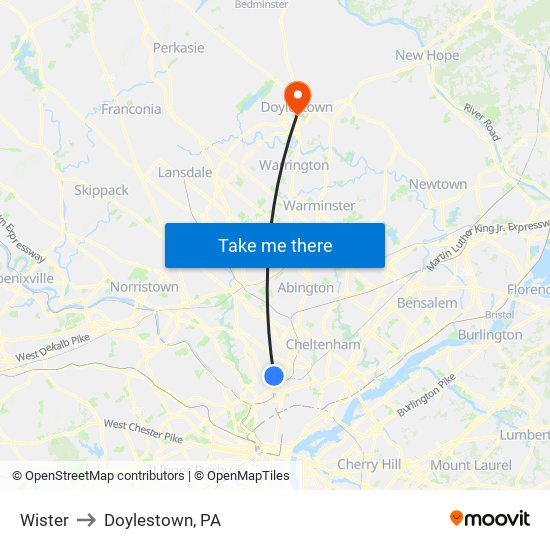 Wister to Doylestown, PA map