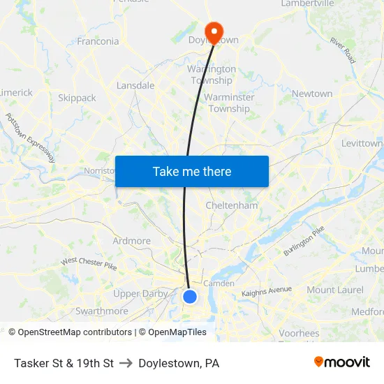 Tasker St & 19th St to Doylestown, PA map