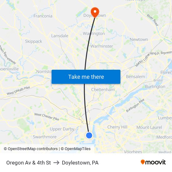 Oregon Av & 4th St to Doylestown, PA map