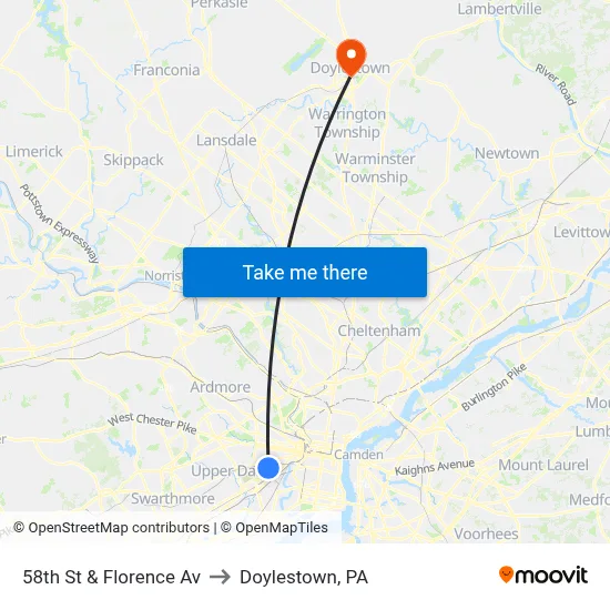 58th St & Florence Av to Doylestown, PA map