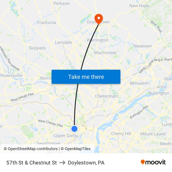 57th St & Chestnut St to Doylestown, PA map