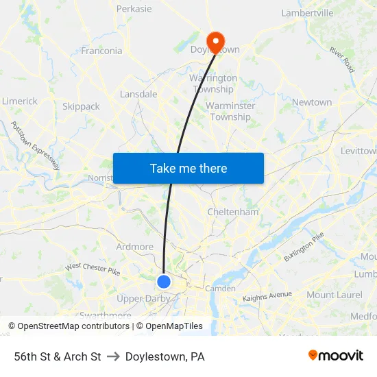 56th St & Arch St to Doylestown, PA map