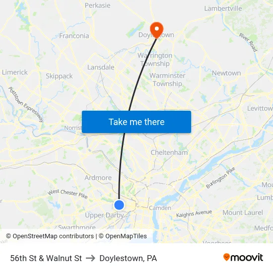 56th St & Walnut St to Doylestown, PA map